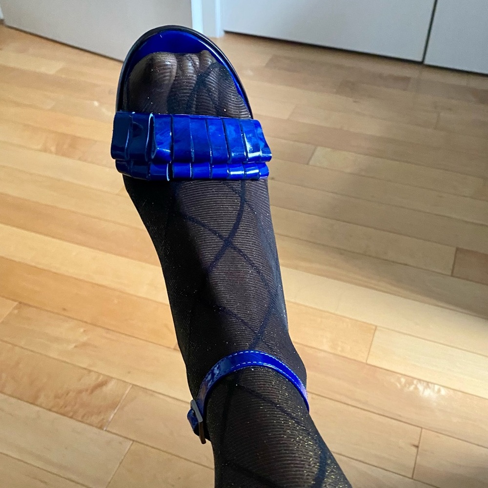 TIBI RHYS Printed Patent Atlantic Blue ankle strap heeled sandals. Worn once 40